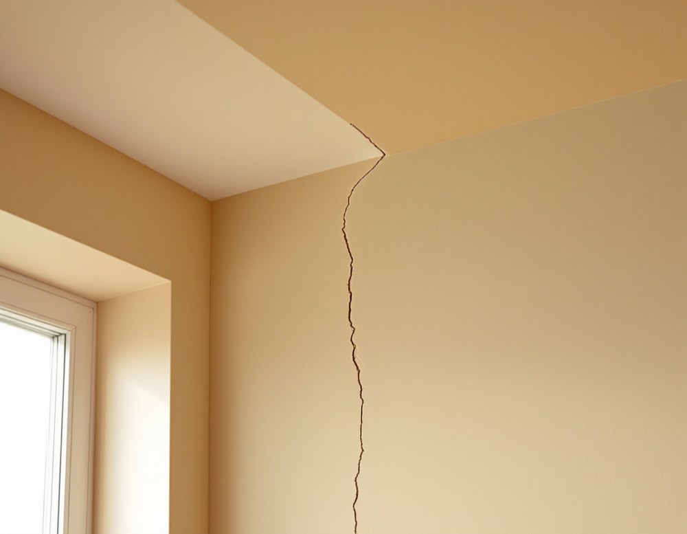 A diagonal crack running up an interior wall away from the corner of an opening