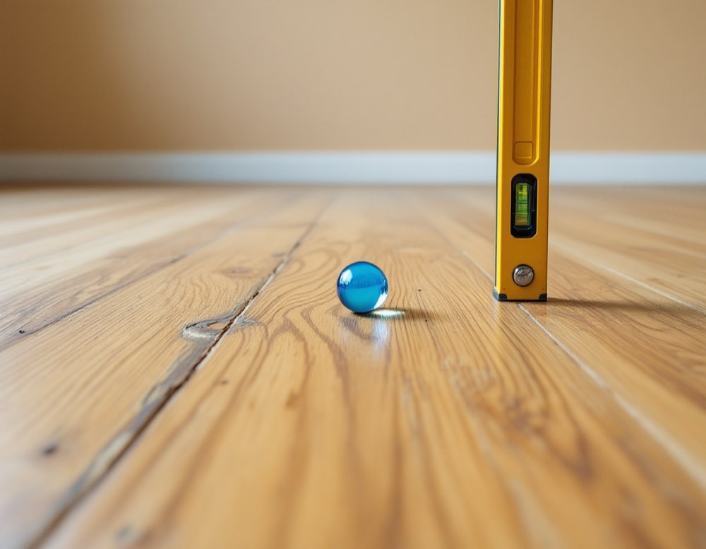 A marble rolling across a wood floor toward the low corner of a room beside a spirit level