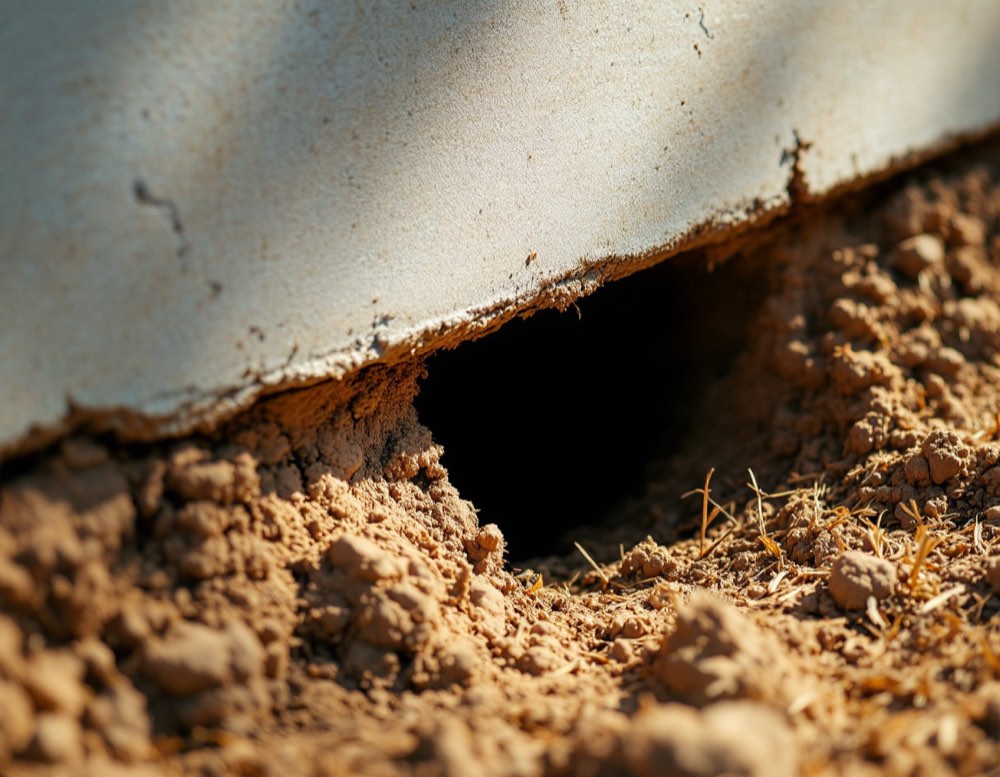 Dry clay soil shrunk back from the edge of a concrete slab, leaving an open void beneath it