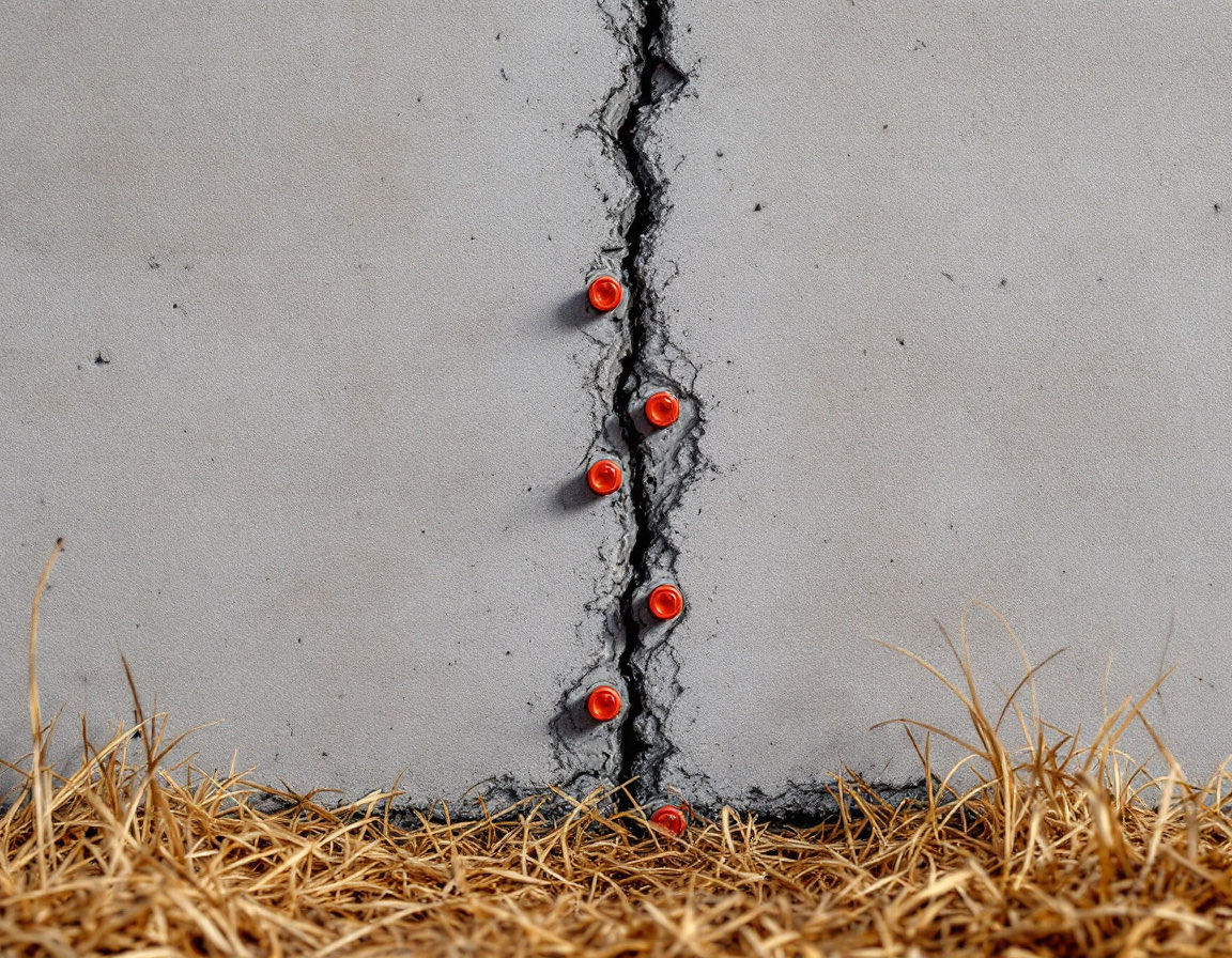 Injection ports set in a line down a concrete foundation crack sealed under epoxy paste