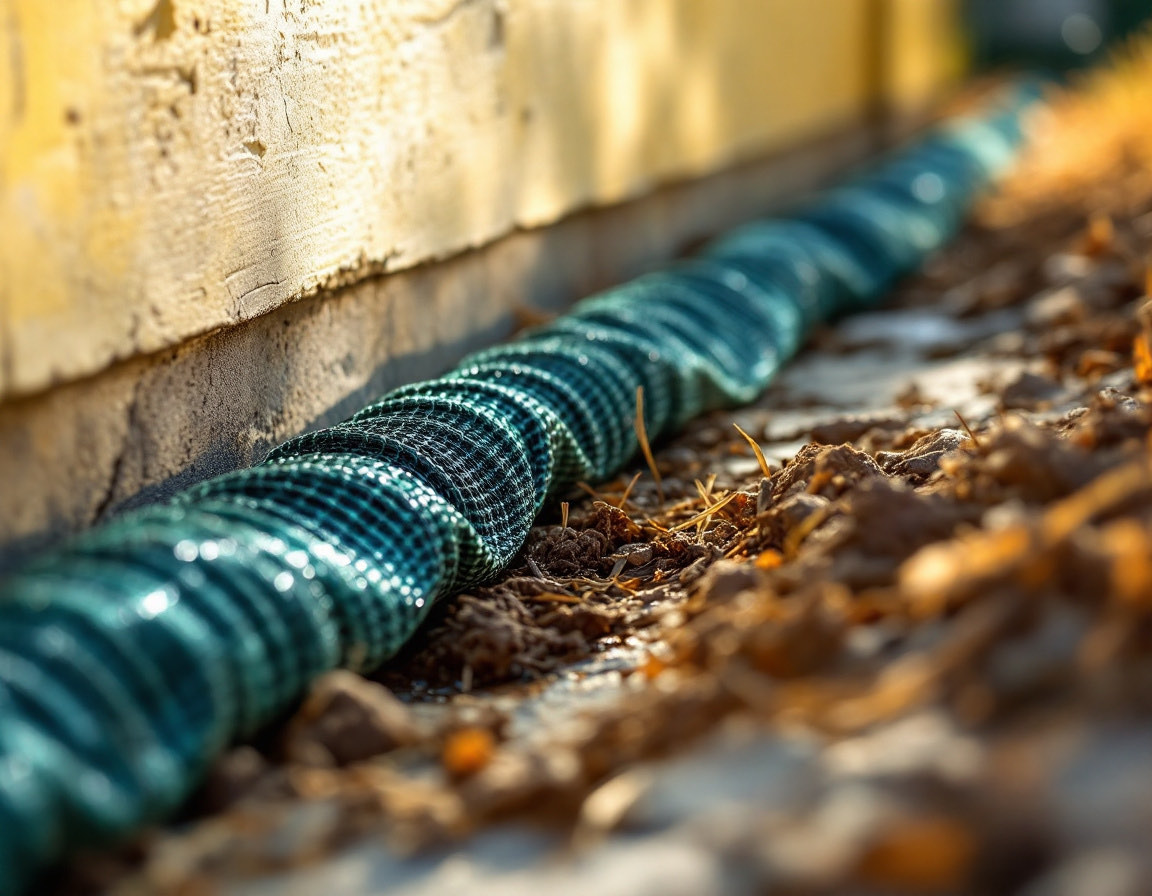 A soaker hose running along the base of a house, the soil beneath it dark and damp