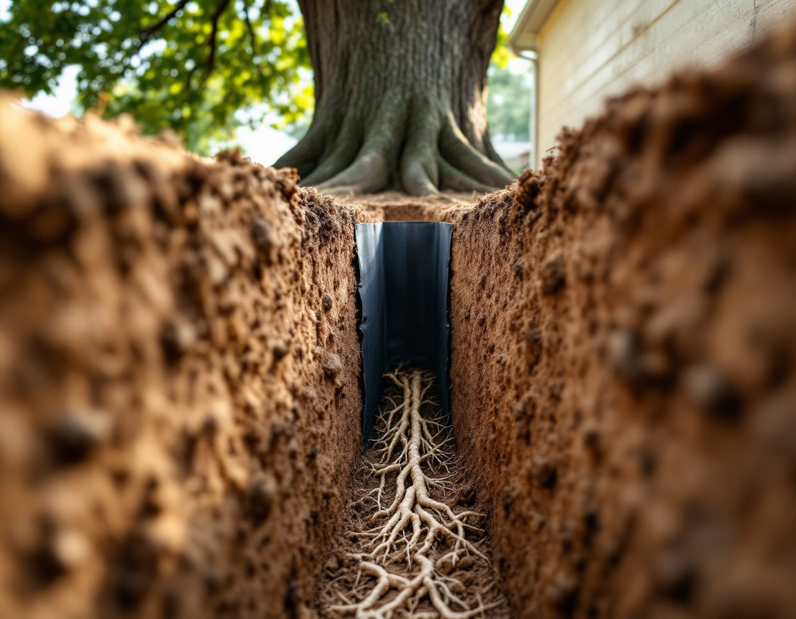 A root barrier membrane standing in a narrow trench cut between a mature tree and a house wall